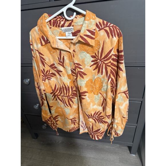 John Paul Richard Uniform Womens Plus 2XL 100% Linen Button Down Floral Blouse - Picture 2 of 7